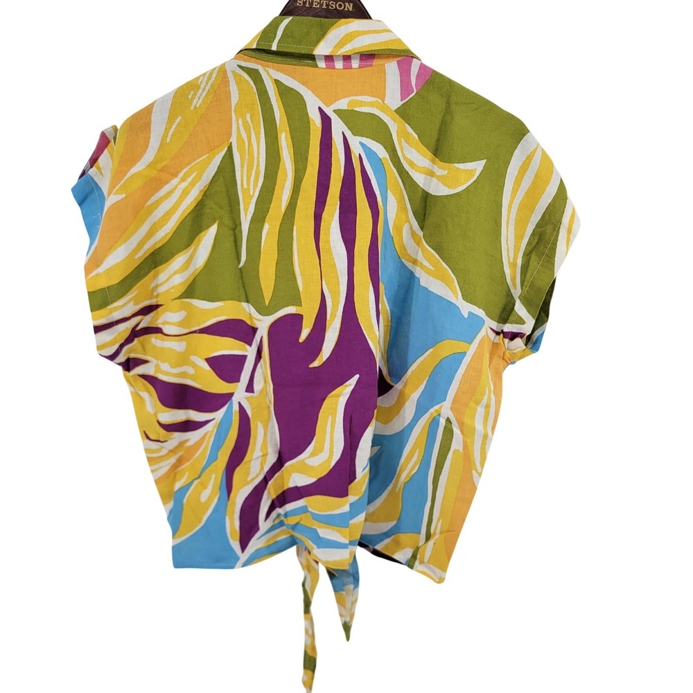 Christian Siriano New York Linen Blend Tie Front Abstract Tropical Shirt XL - Picture 2 of 10